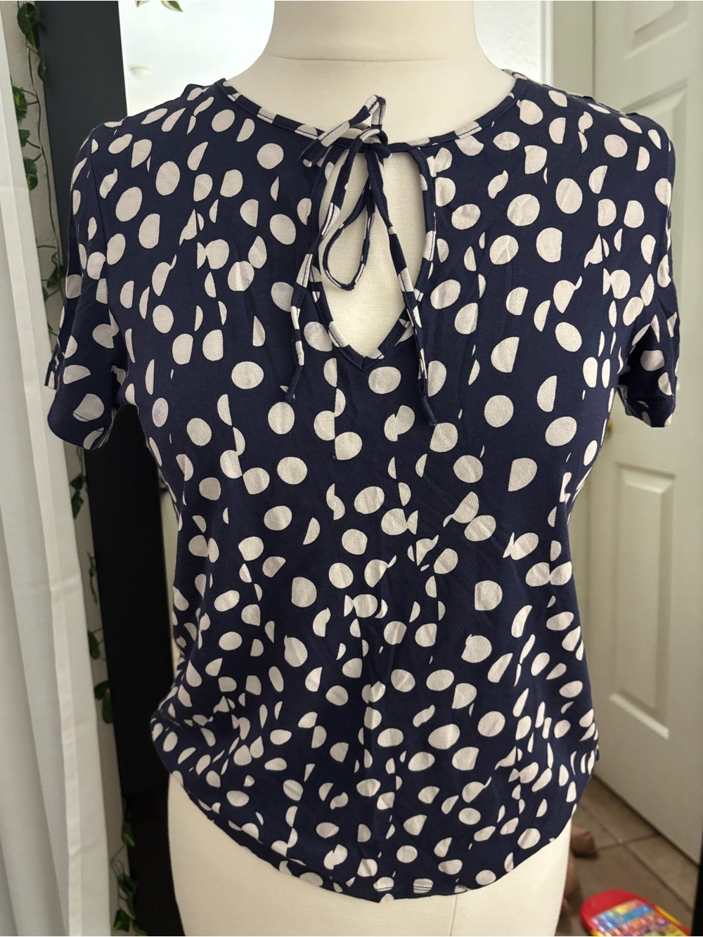 Anthropologie Navy and White Polka Dot Tie-Neck Blouse